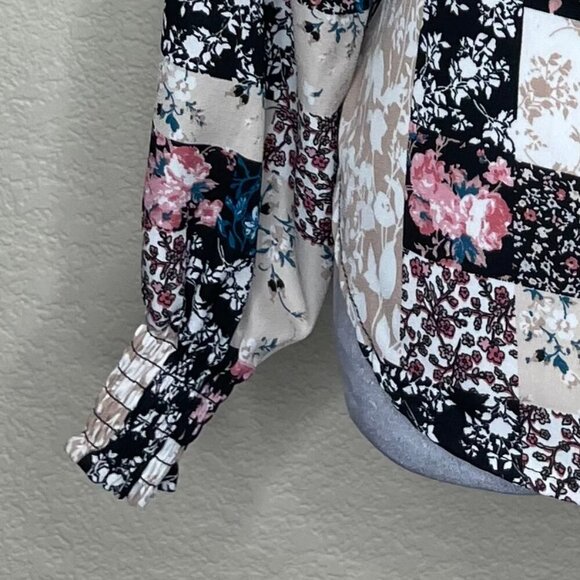 Cure. Petites Women's Floral Colorblock Lace Illusion Tie Neck Blouse Top PM - Picture 4 of 9